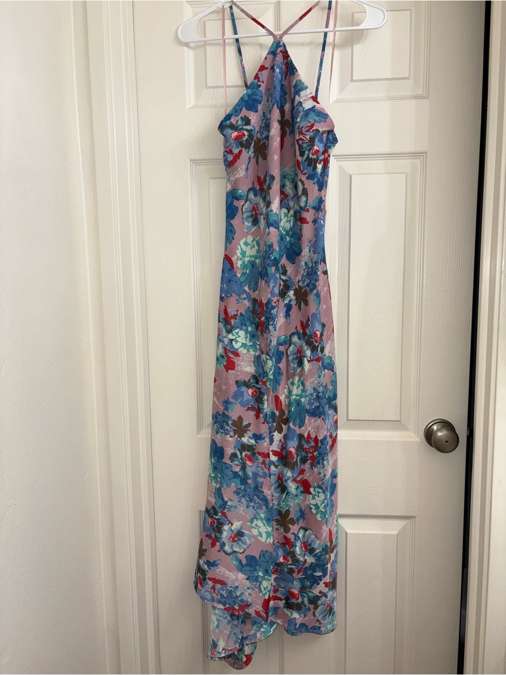 Anthropologie Pink Floral Halter Slip Dress with Blue Blooms